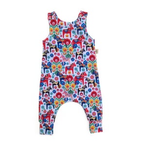 Baby romper with dala horse pattern, Swedish folk art organic baby clothes, toddler harem jumpsuit, kids playsuit, tank overall dungarees