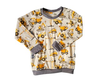 Construction animals toddler boy sweatshirt with diggers, concrete mixer, forklift, organic baby clothes, kids t-shirt, sustainable sweater