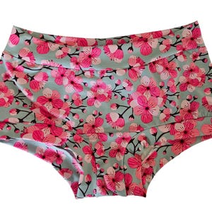 Cherry blossoms organic cotton jersey underwear for women, breathable lounge panties,comfy elastic free regular or high rise adult underwear