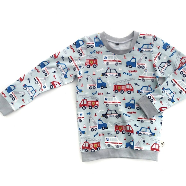 Rescue vehicles toddler boy sweatshirt, fire engine, police car, ambulance, organic baby clothes, kids t-shirt, sustainable boy sweater,