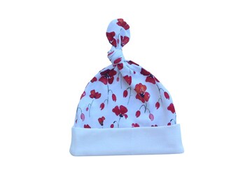 Poppy flowers organic baby hat, wildflower top knot newborn hat, tie knot infant cap, baby clothes, watercolor floral newborn accessories