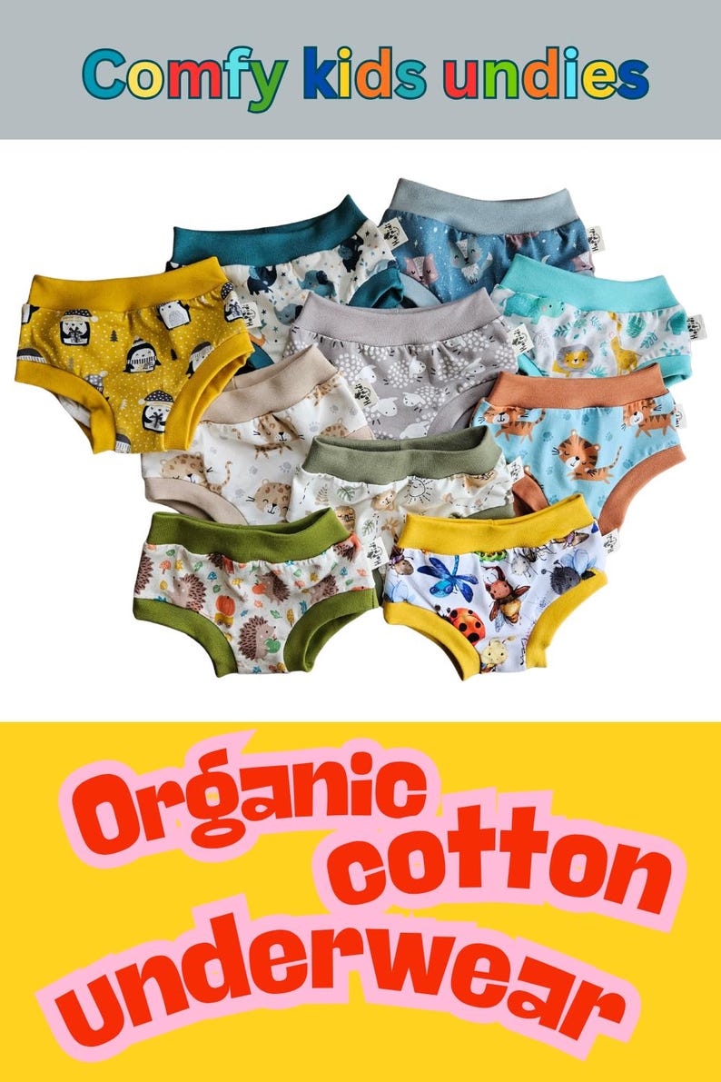 Pode incluir: Uma cole&ccedil;&atilde;o de roupa interior infantil com v&aacute;rios estampados de animais e insetos, incluindo pinguins, tigres e joaninhas. Cada par tem uma cintura e punhos el&aacute;sticos de cor s&oacute;lida. O texto "Comfy kids undies" e "Organic cotton underwear" aparece.
