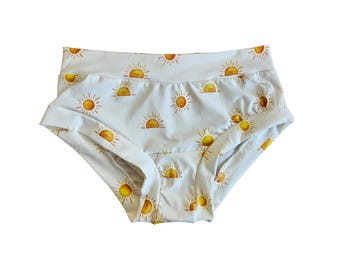 Sunshine print organic cotton jersey underwear for women, breathable lounge panties, comfy elastic free regular or high rise adult underwear