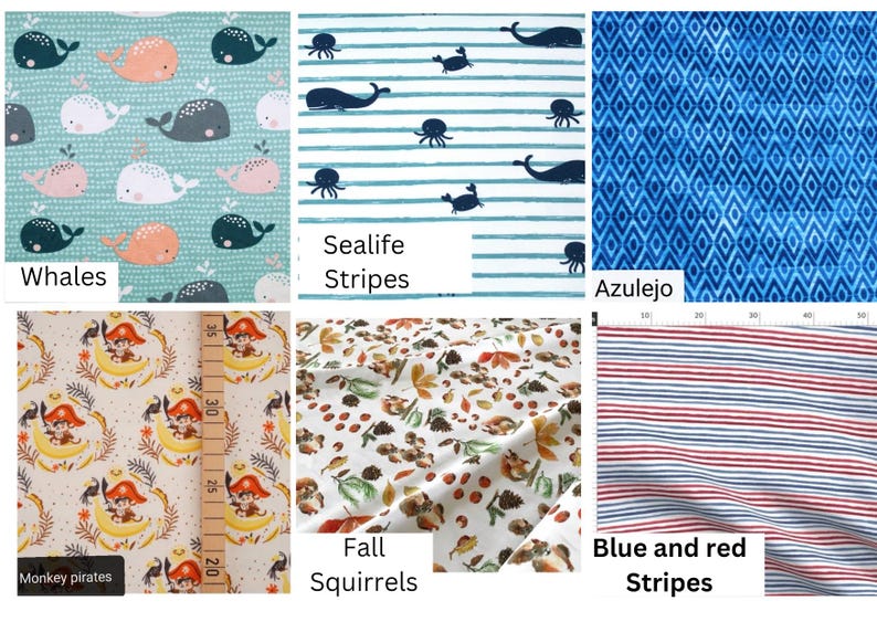 Op de afbeelding: Verzameling van stofstalen met verschillende patronen. Bevat een turquoise achtergrond met walvissen, blauw-witte strepen met zeedieren en een blauw ruitpatroon. Ook afgebeeld zijn apenpiraten, herfsteekhoorns en blauw-rode strepen.
