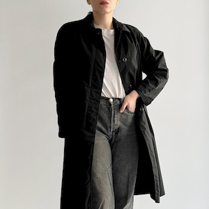 Vintage 90s Minimalist Black Trench Coat – Made in Italy Double-Faced Wool & Cotton Overcoat
