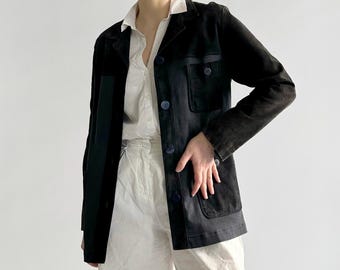 Vintage 90s Dark Blue Suede & Cotton Jacket – Minimalist Button-Up Workwear