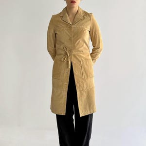 Vintage 90s Suede Leather Coat – Beige Boho Trench with Contrast Stitching, Longline Western Jacket