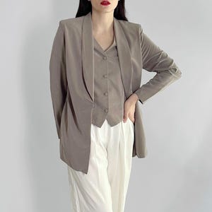Vintage 90s Taupe Grey Blazer with Faux Vest Detail, Minimalist Viscose Jacket