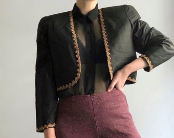 Vintage 1980s Silk Embroidered Black Bolero, Shantung Silk Boho Embroidery Blazer, Elegant Black Silk Jacket, Capsule Wardrobe, Size M/L