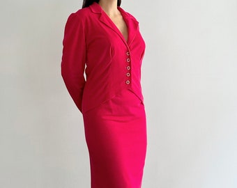 Vintage 90s Hot Pink Midi Dress, Ribbed Fake Skirt Suit