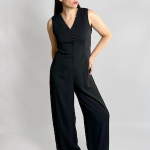 Vintage 1980s Black Sleeveless Jumpsuit – Made in Spain Button-Front Wide-Leg One-Piece
