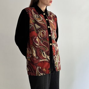 Vintage 90s Black Abstract Velvet Jacket, Floral Black and Red Viscose Velour Overshirt, Made in France