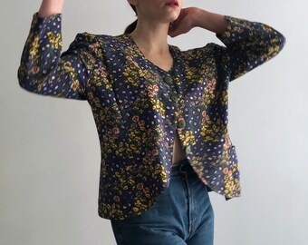 Vintage 1980s Floral Green Blazer, Multicolor Spring Short Jacket, Floral Print 80s Shirt, Size L