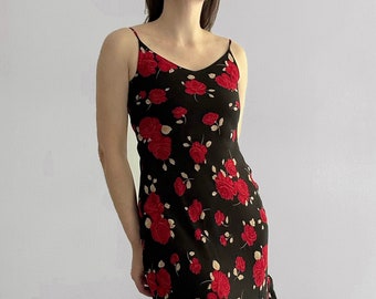 Vintage 90s Floral Black Slip Midi Dress with Red Roses Print