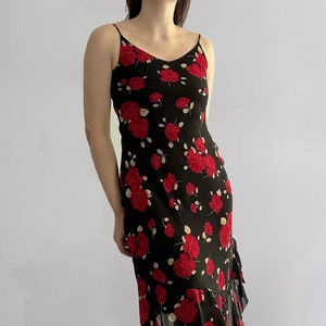 Vintage 90s Floral Black Slip Midi Dress with Red Roses Print
