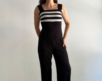 Vintage 90s Black Striped Jumpsuit, Made in Spain