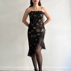 Vintage Y2K Black Silk Beaded Floral Ruffle Slip Dress