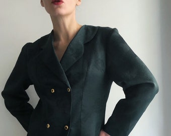 Vintage 80s Jacquard Double Breasted Floral Green Blazer Jacket