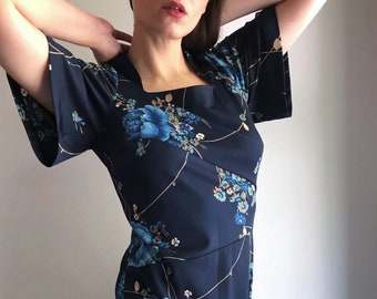 Vintage 1970s Floral Blue Maxi Dress, Short Bell Sleeves Dress, Wedding Guest Dress, Boho Vintage Italian Dress, Size M/L