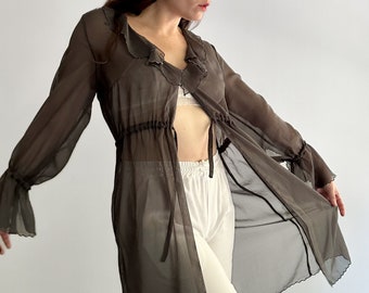 Vintage Y2K Grey Sheer Embroidered Chiffon Blouse