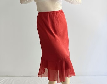 Vintage 90s/Y2K Coral Red Mermaid Skirt with Ruffle Hem - Made in Spain