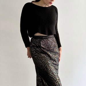 80s Holographic Black Midi Skirt, Multicolor Metallic Abstract Pencil Skirt, Size S