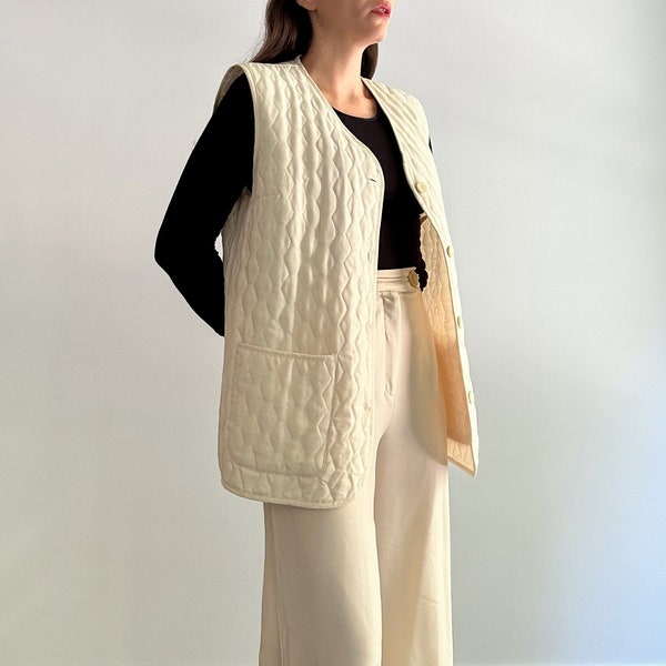 Vintage 90s White Quilted Vest Jacket, Cream Oversize Padded Waistcoat