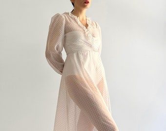 Vintage 70s/80s Sheer Polka Dot Dress - White Maxi with Ruffles