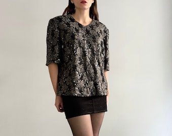 Vintage 80s Black Gold Sequin Metallic Embroidered Blouse