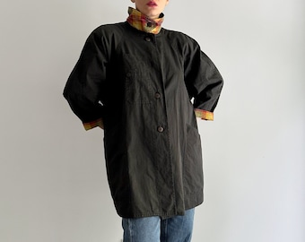 Vintage 80s black loose cotton blend jacket, lightweight oversized trench Made in Italy, Size L