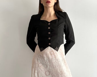 Vintage 80s Black Short Jacket with Sweetheart Neckline and Gold Buttons - Made in Spain
