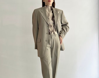Vintage 90s Wool Grey Pant Suit, Minimalist Two Piece Set