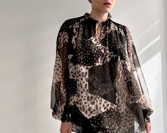 GIAMBATTISTA VALLI Sheer Silk Chiffon Blouse, Velvet Abstract Blouse Dress With Bishop Sleeves, Made in Italy