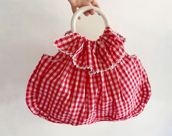 Vintage Red Gingham Cotton Bag with Ruffled Top and Buttons