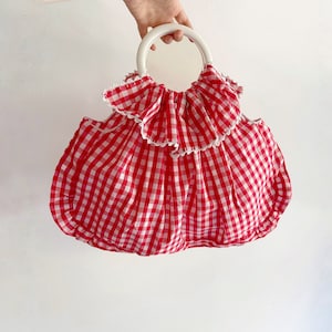 Vintage Red Gingham Cotton Bag with Ruffled Top and Buttons