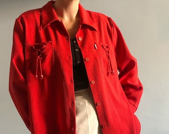 Camisa vintage años 70 texturizada roja, blusa oversize de mezcla de lino con botones y bolsillos, talla XL