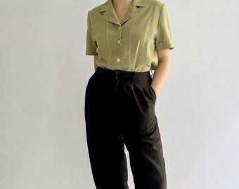 Vintage 80s Does 50s Bowling Style Green Blouse with White Stitching, Made in Spain