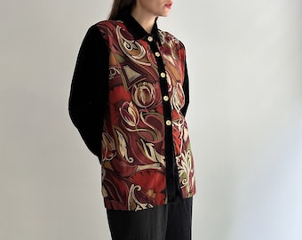 Vintage 90er Jahre Abstrakte Schwarze Samt Jacke, Floral Schwarz und Rot Viskose Velour Overshirt, Hergestellt in Frankreich