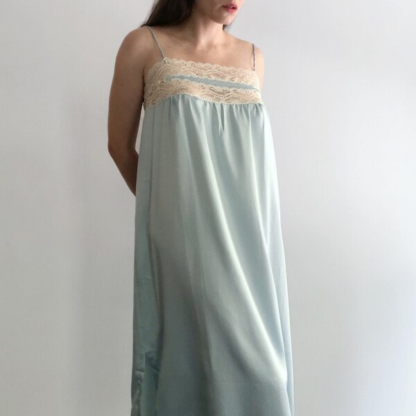 Vintage 80s Pale Blue Satin Slip Dress, 90s Lace Jacquard Maxi Night Slip Dress, Vintage Blue Lingerie Dress, Capsule Wardrobe, Size L/XL