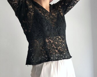 Vintage 90s Black Lace Floral Blouse