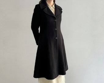 Cappotto lungo nero vintage in lana cashmere Laura Ashley, capospalla in stile edoardiano anni '90 taglia L