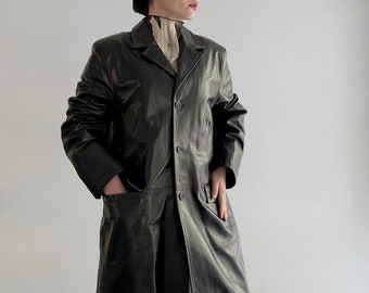 Cappotto vintage in pelle nera anni '90/00, soprabito oversize Made in Italy, taglia XL