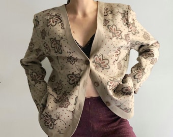 Vintage 90s Linen Jacket, Floral Beige Button Up Blazer