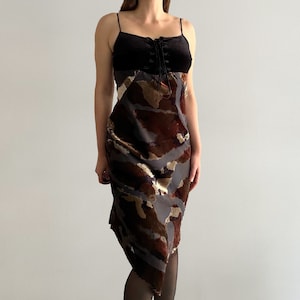 Vintage Y2K Black Velvet Silk Lace Up Abstract Slip Dress, Made in Italy