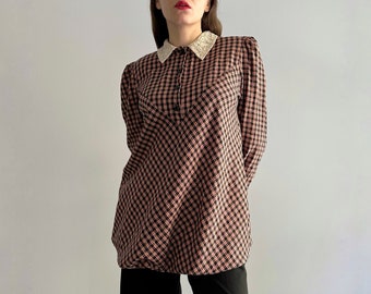 Vintage 90s Vichykaro-Baumwollkleid mit Spitzenkragen und Ballonsaum, Größe M/L