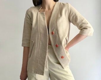 Vintage Y2K Asymmetric Beige Orange Blazer, 90s Avantgarde Cotton Jacket, Y2k Extravagant Suit Blazer, Size M