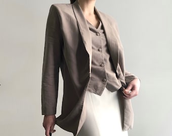 Vintage 90s Grey Blazer Vest, Minimalist Grey Viscose Jacket