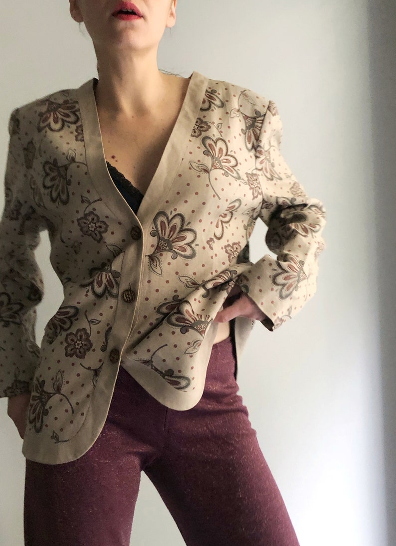 Vintage 90s Linen Jacket, Floral Beige Button Up Blazer image 9