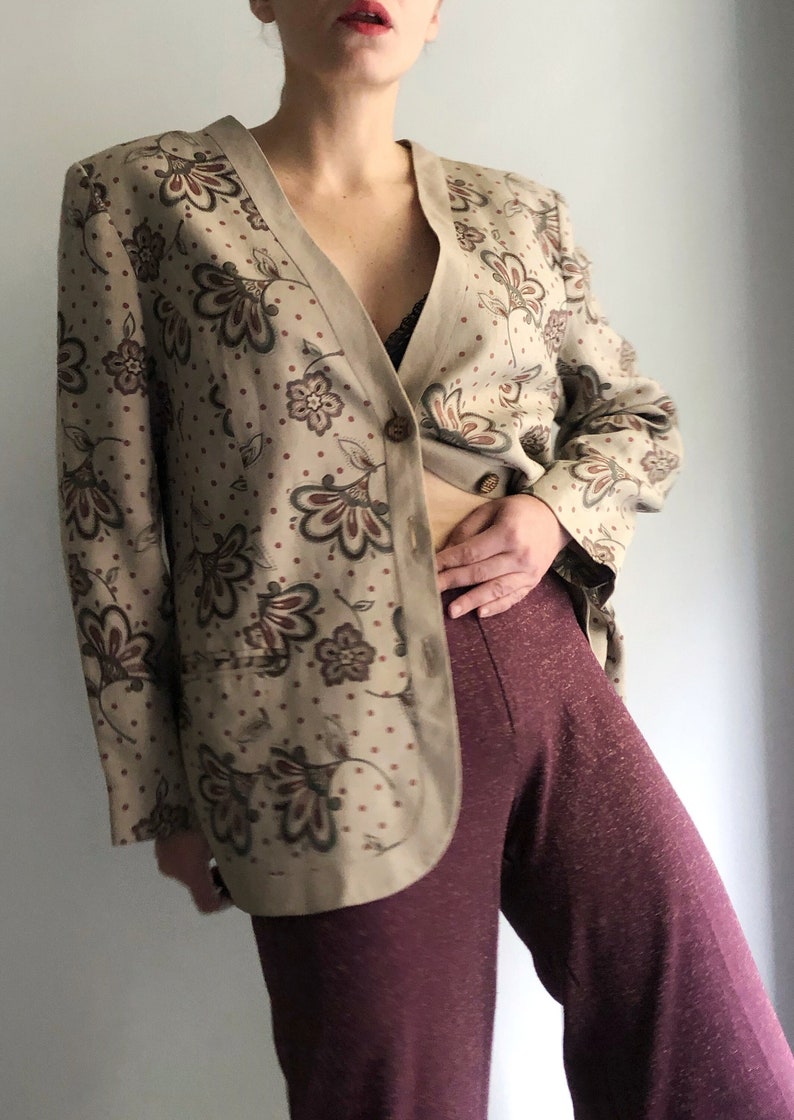 Vintage 90s Linen Jacket, Floral Beige Button Up Blazer image 4