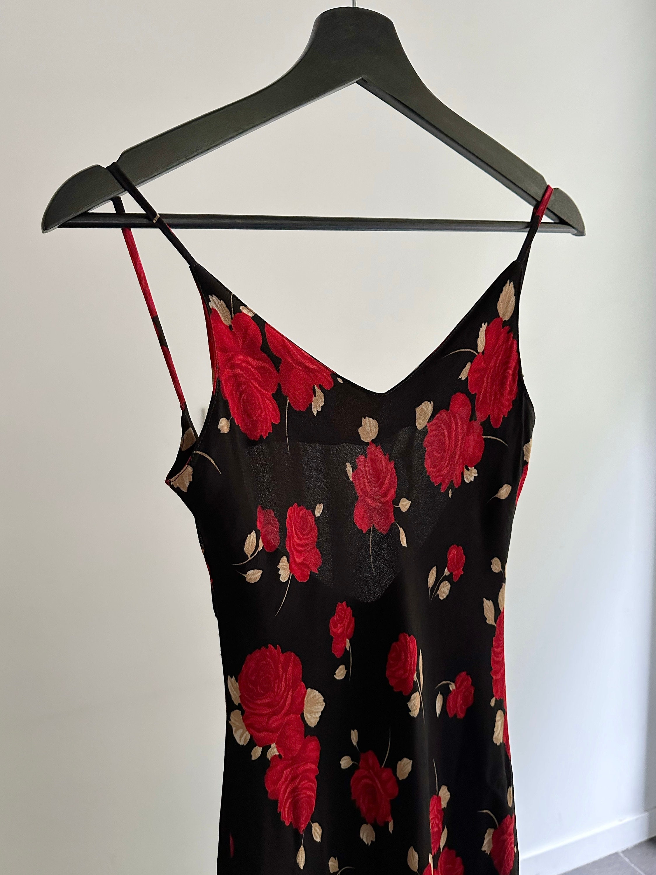 black dress with red flower print Black And Red Floral Print Ruched Side Strappy Midi Dress